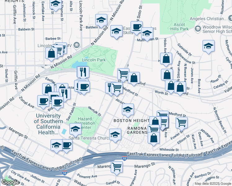 map of restaurants, bars, coffee shops, grocery stores, and more near 2408 Medford Street in Los Angeles