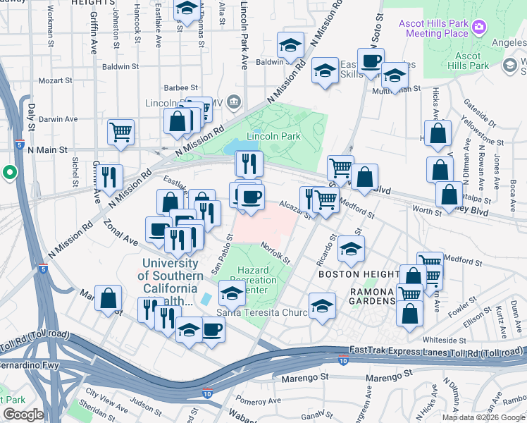 map of restaurants, bars, coffee shops, grocery stores, and more near 2215 Alcazar Street in Los Angeles