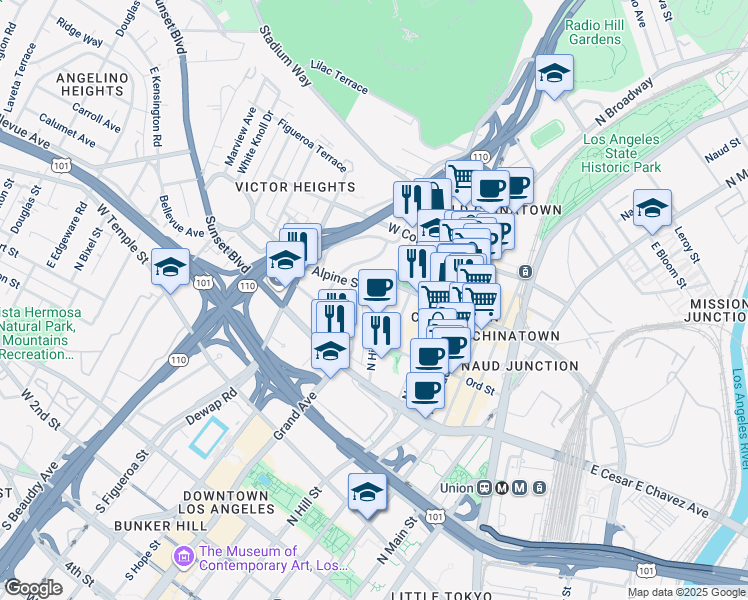 map of restaurants, bars, coffee shops, grocery stores, and more near 630 Alpine Street in Los Angeles