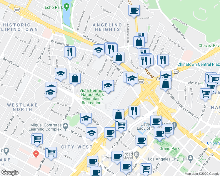 map of restaurants, bars, coffee shops, grocery stores, and more near 317 North Boylston Street in Los Angeles