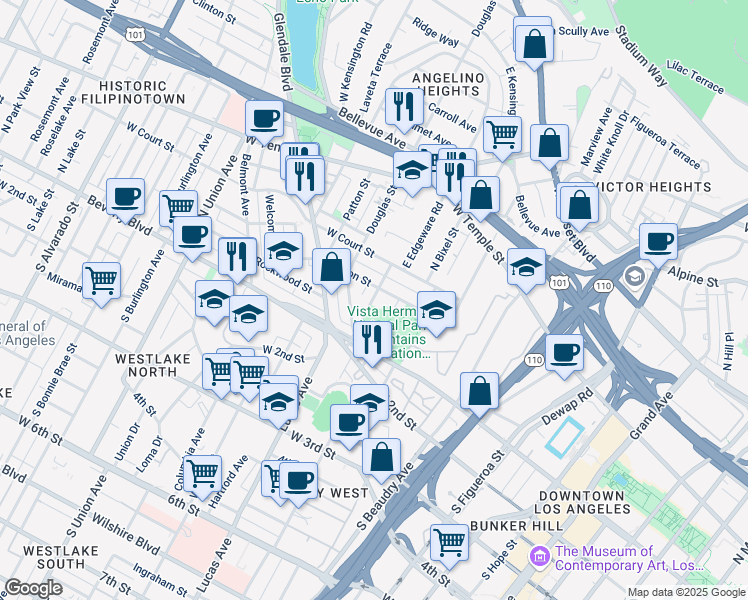 map of restaurants, bars, coffee shops, grocery stores, and more near 1319 Colton Street in Los Angeles