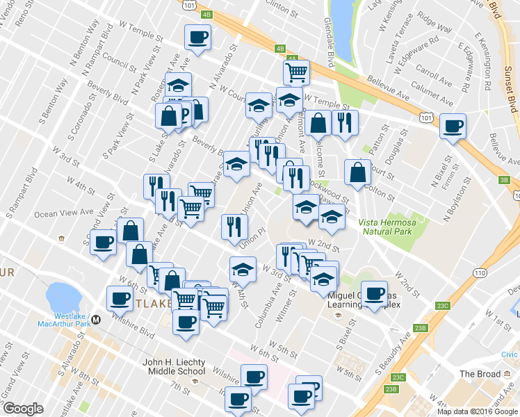 map of restaurants, bars, coffee shops, grocery stores, and more near 212 South Union Avenue in Los Angeles
