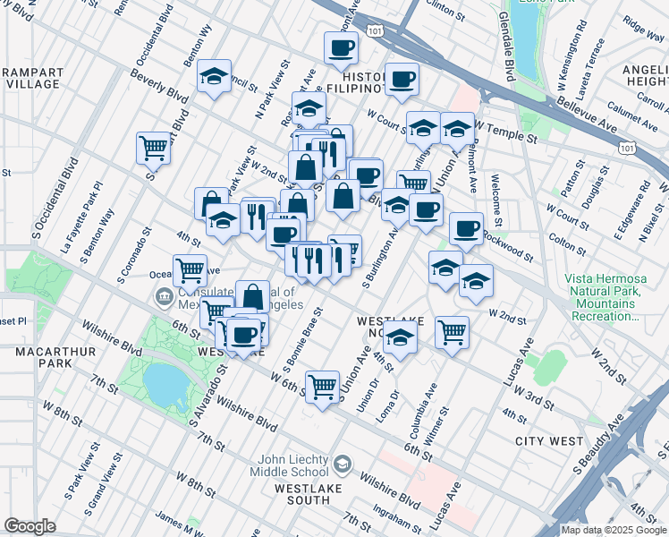 map of restaurants, bars, coffee shops, grocery stores, and more near 257 South Westlake Avenue in Los Angeles