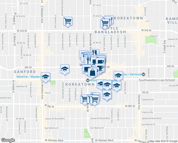 map of restaurants, bars, coffee shops, grocery stores, and more near 605 Normandie Avenue in Los Angeles