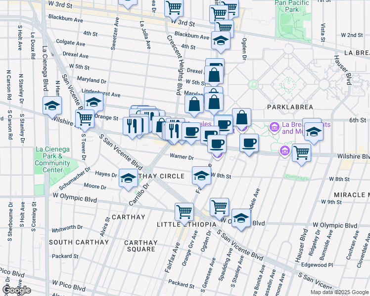 map of restaurants, bars, coffee shops, grocery stores, and more near 6205 Wilshire Boulevard in Los Angeles