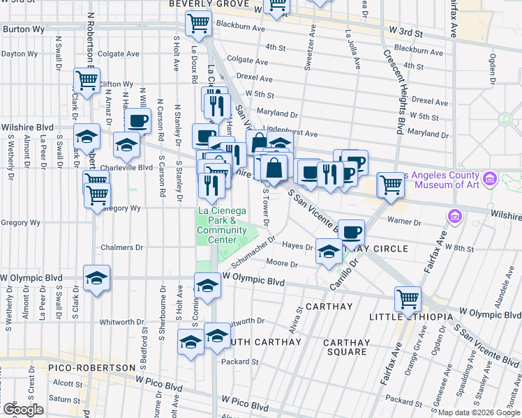 map of restaurants, bars, coffee shops, grocery stores, and more near 218 South Gale Drive in Beverly Hills