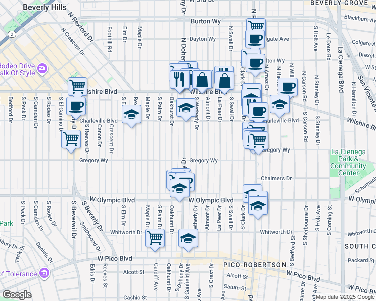 map of restaurants, bars, coffee shops, grocery stores, and more near 241 South Wetherly Drive in Beverly Hills