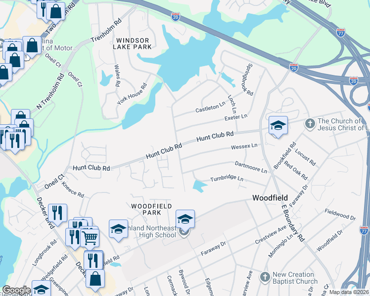 map of restaurants, bars, coffee shops, grocery stores, and more near 7703 Hunt Club Road in Columbia