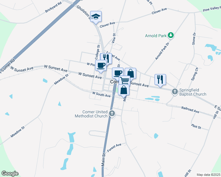 map of restaurants, bars, coffee shops, grocery stores, and more near 1959 Center Street in Comer
