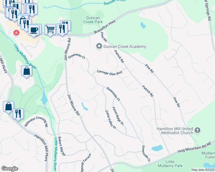 map of restaurants, bars, coffee shops, grocery stores, and more near 3795 Greenside Court in Dacula