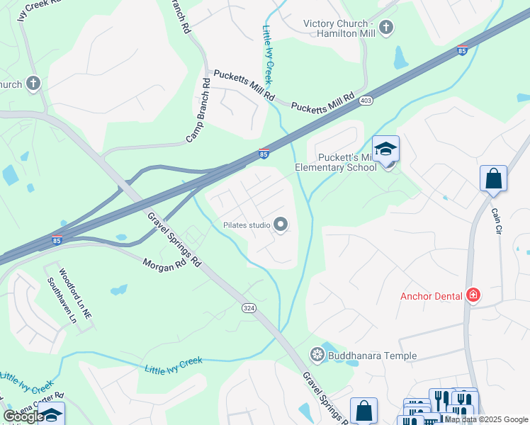 map of restaurants, bars, coffee shops, grocery stores, and more near 2375 Morgan Farm Drive in Buford