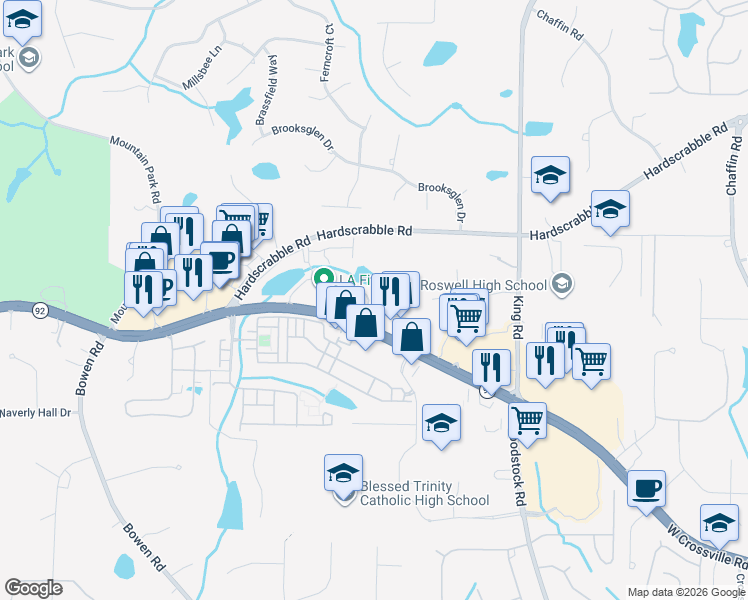 map of restaurants, bars, coffee shops, grocery stores, and more near 3004 Manchester Circle in Roswell
