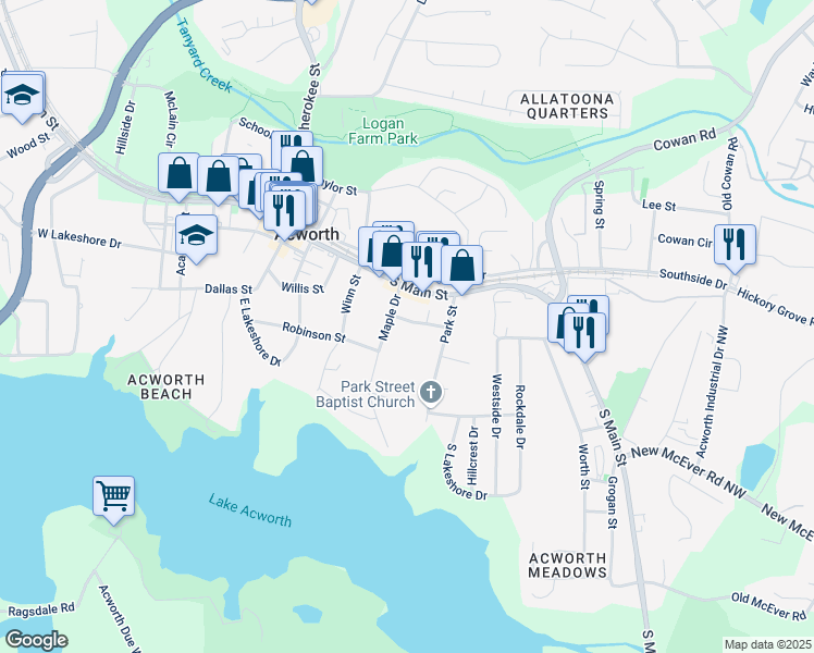 map of restaurants, bars, coffee shops, grocery stores, and more near 4477 Maple Drive in Acworth