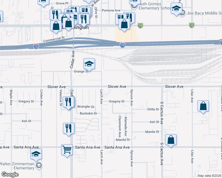 map of restaurants, bars, coffee shops, grocery stores, and more near 18963 Slover Avenue in Bloomington