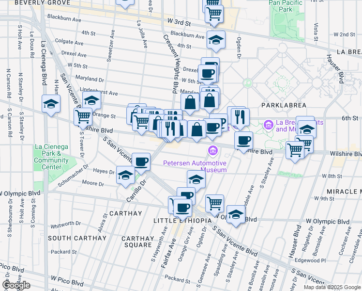 map of restaurants, bars, coffee shops, grocery stores, and more near 6205 Wilshire Boulevard in Los Angeles