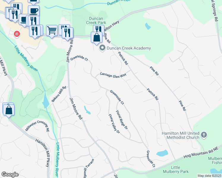 map of restaurants, bars, coffee shops, grocery stores, and more near 3795 Greenside Court in Dacula