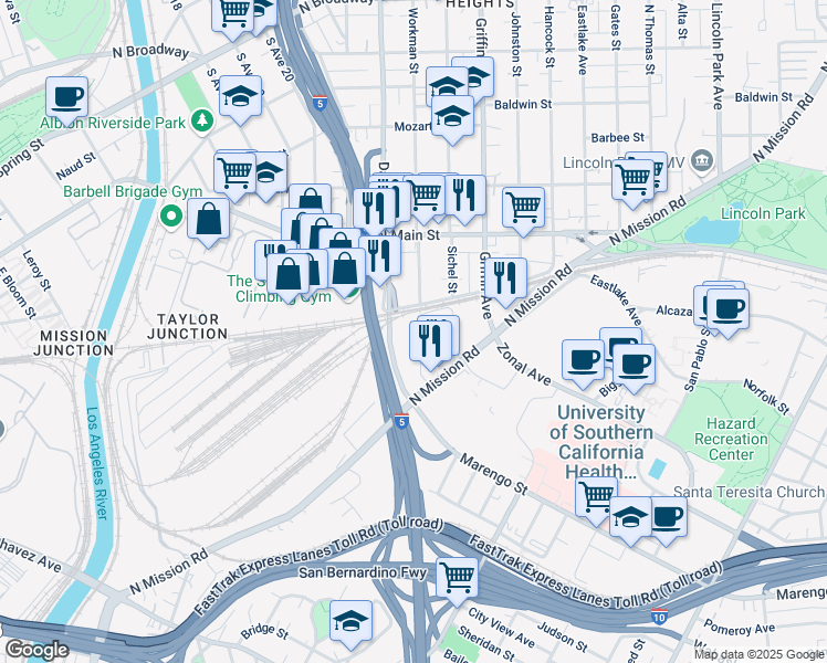 map of restaurants, bars, coffee shops, grocery stores, and more near 1731 Workman Street in Los Angeles