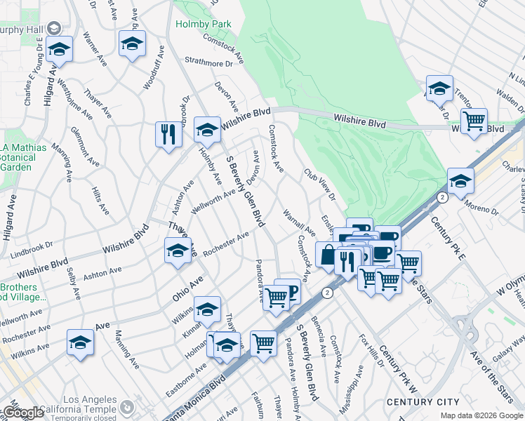 map of restaurants, bars, coffee shops, grocery stores, and more near 1360 South Beverly Glen Boulevard in Los Angeles