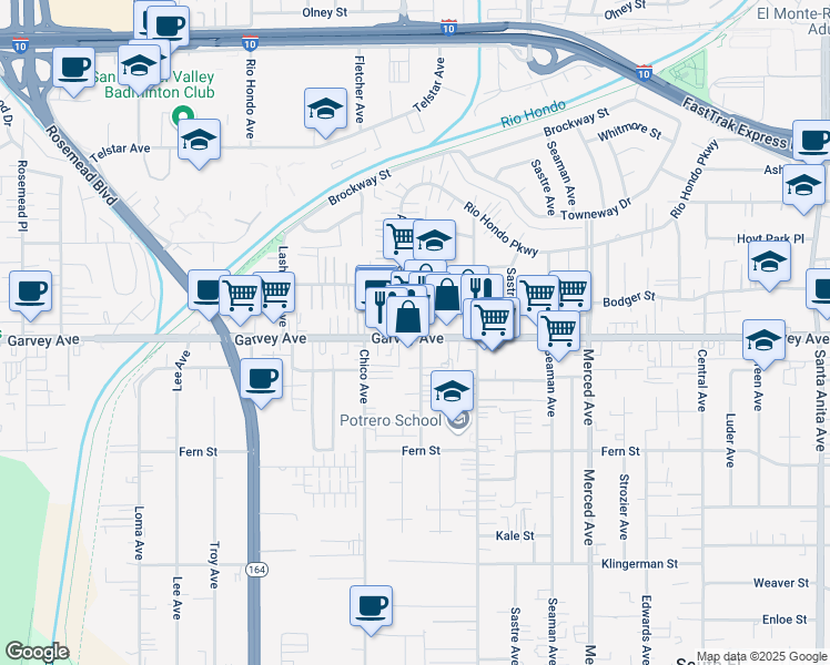 map of restaurants, bars, coffee shops, grocery stores, and more near 9661 Garvey Avenue in South El Monte