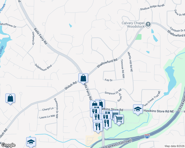 map of restaurants, bars, coffee shops, grocery stores, and more near 256 Shallowford Road in Kennesaw
