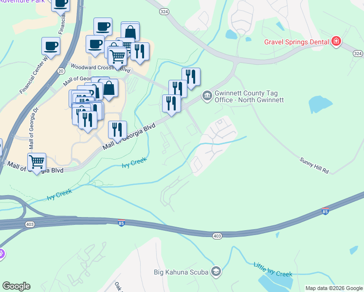 map of restaurants, bars, coffee shops, grocery stores, and more near 1809 Appaloosa Lane in Buford