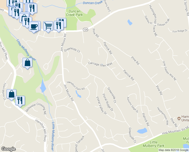 map of restaurants, bars, coffee shops, grocery stores, and more near 4185 Greenside Court in Dacula