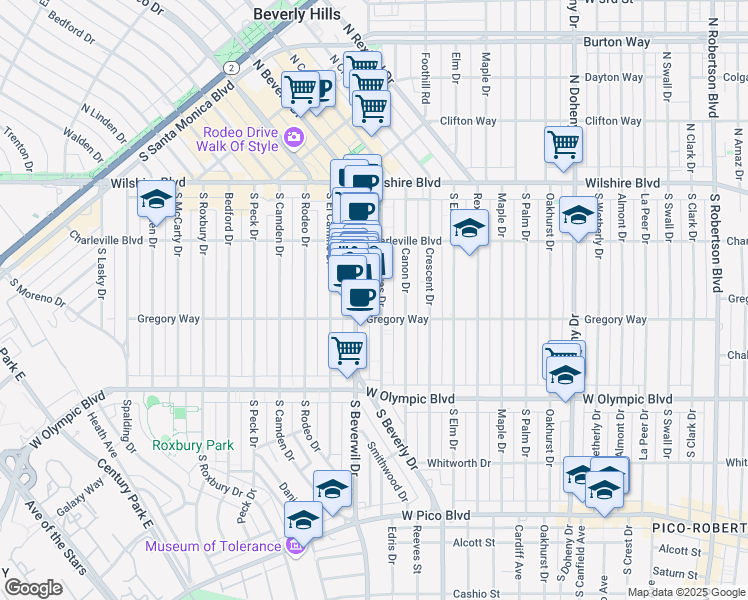 map of restaurants, bars, coffee shops, grocery stores, and more near 257 South Reeves Drive in Beverly Hills