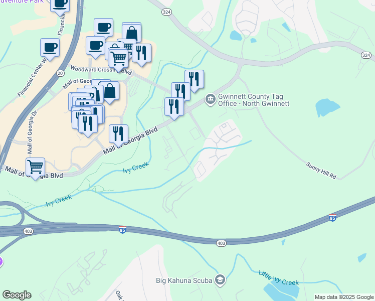 map of restaurants, bars, coffee shops, grocery stores, and more near Appaloosa Run Trail Northeast in Buford