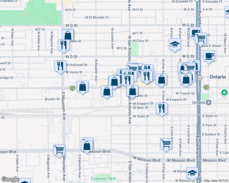 map of restaurants, bars, coffee shops, grocery stores, and more near 765 West Holt Boulevard in Ontario