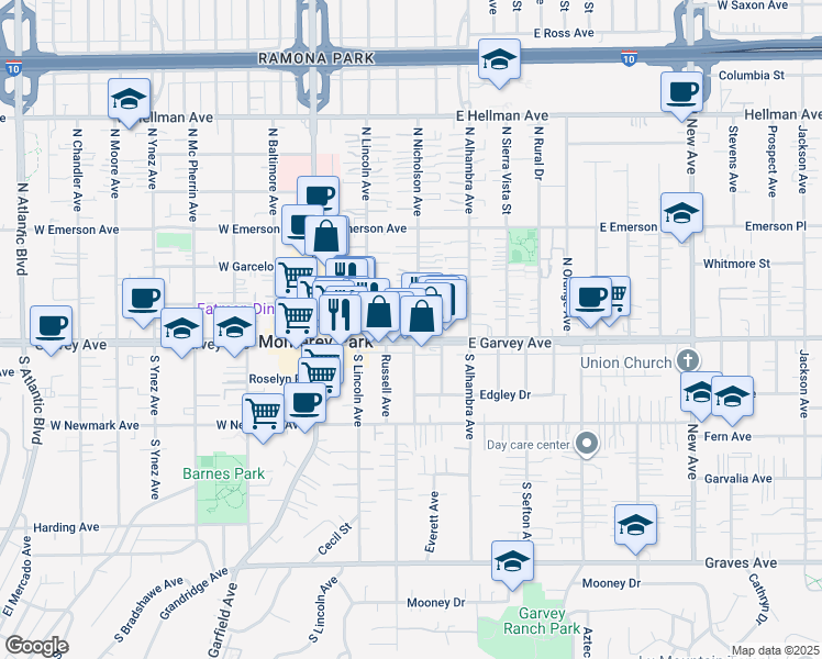 map of restaurants, bars, coffee shops, grocery stores, and more near 123 North Nicholson Avenue in Monterey Park