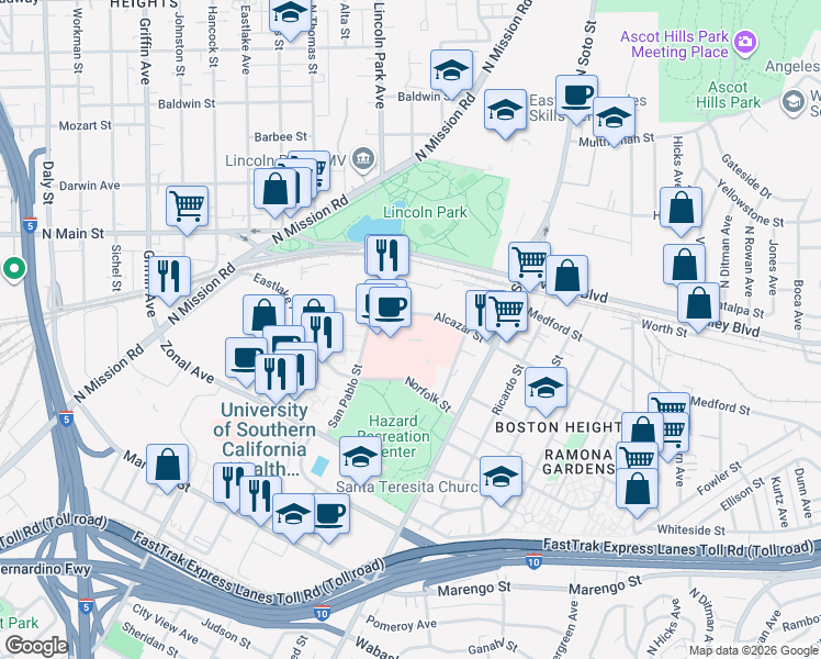 map of restaurants, bars, coffee shops, grocery stores, and more near Alcazar Street in Los Angeles