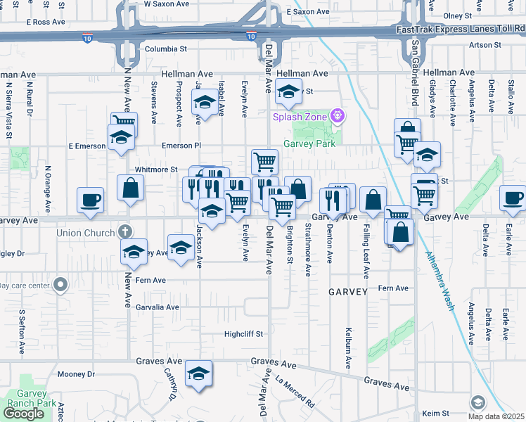 map of restaurants, bars, coffee shops, grocery stores, and more near 7771 Garvey Avenue in Rosemead