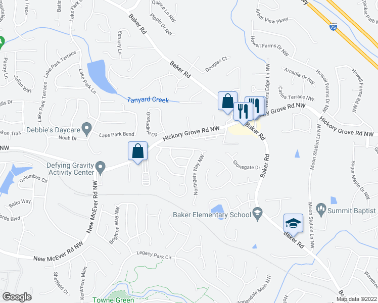 map of restaurants, bars, coffee shops, grocery stores, and more near 2778 Northgate Way Northwest in Acworth