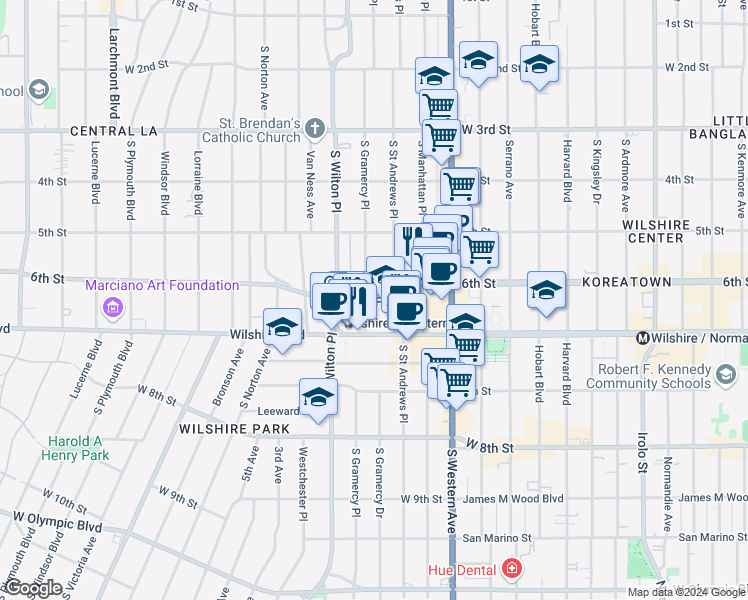 map of restaurants, bars, coffee shops, grocery stores, and more near 620 S Gramercy Pl in Los Angeles