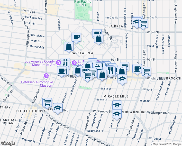 map of restaurants, bars, coffee shops, grocery stores, and more near 5757 Wilshire Boulevard in Los Angeles