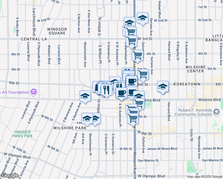 map of restaurants, bars, coffee shops, grocery stores, and more near 620 South Gramercy Place in Los Angeles
