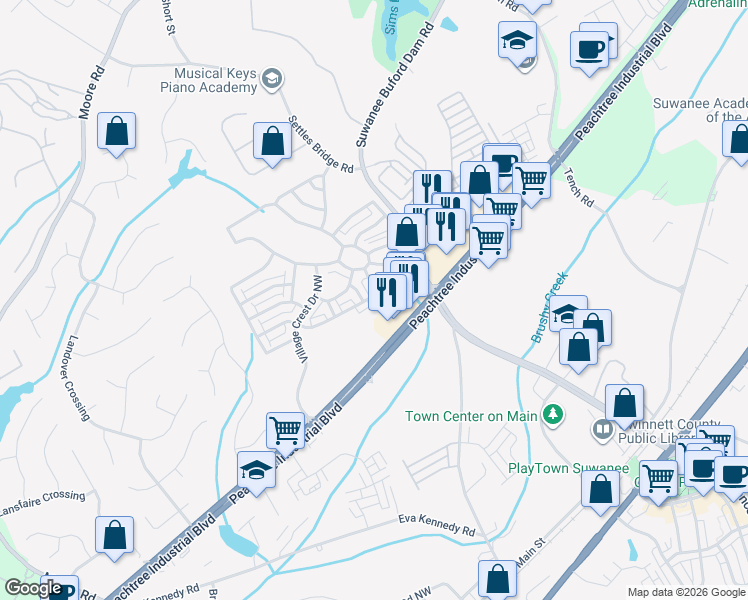map of restaurants, bars, coffee shops, grocery stores, and more near 710 Village Field Court Northwest in Suwanee