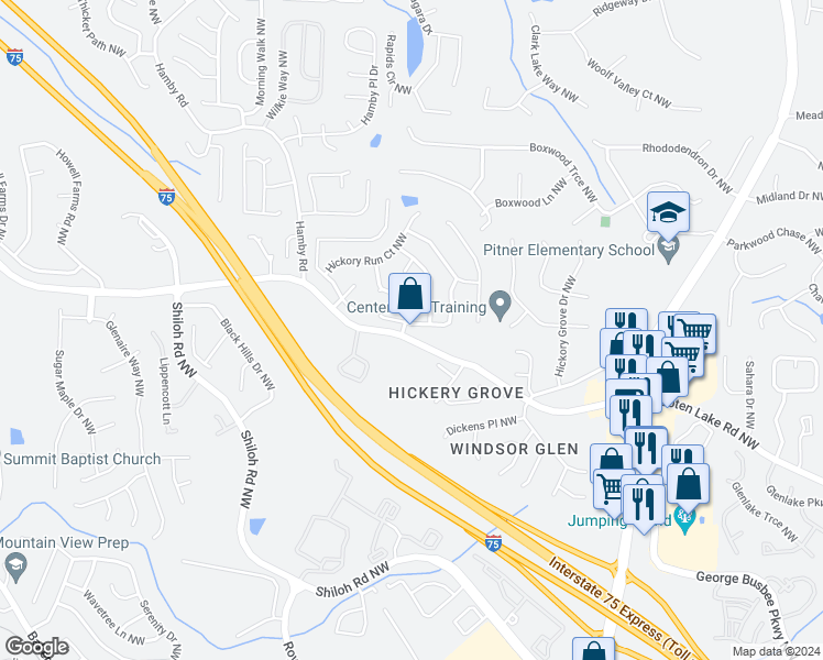 map of restaurants, bars, coffee shops, grocery stores, and more near 1799 May Glen Drive Northwest in Acworth