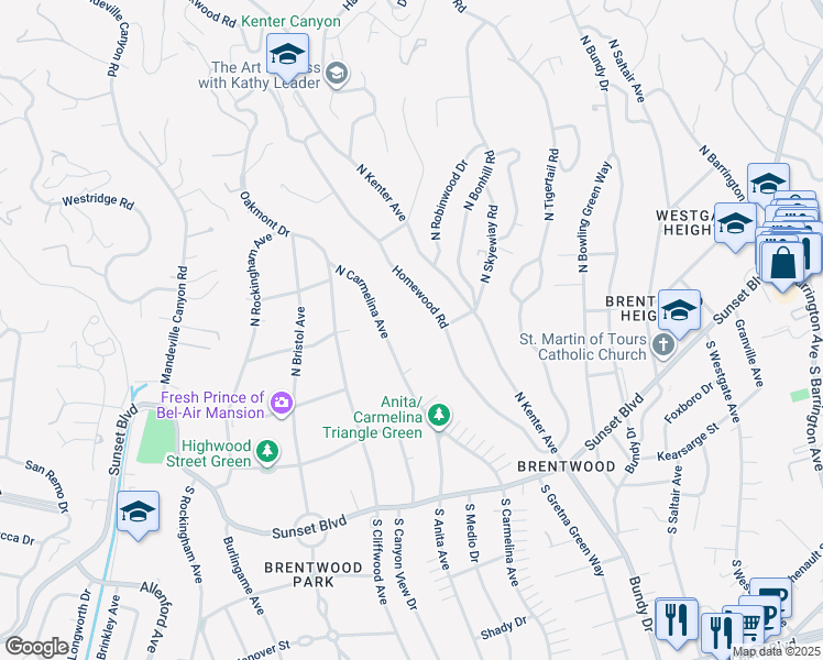 map of restaurants, bars, coffee shops, grocery stores, and more near 334 North Carmelina Avenue in Los Angeles