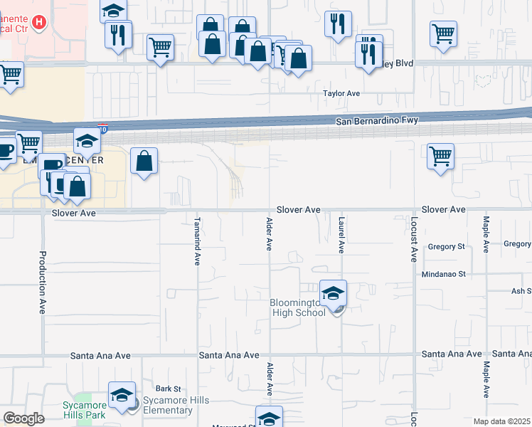 map of restaurants, bars, coffee shops, grocery stores, and more near 17693 Slover Avenue in Bloomington