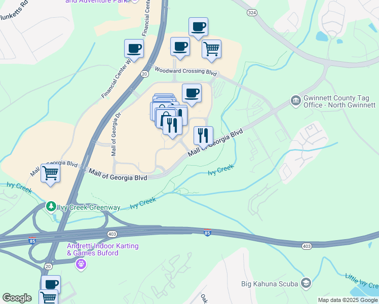 map of restaurants, bars, coffee shops, grocery stores, and more near Mall of Georgia Boulevard in Buford