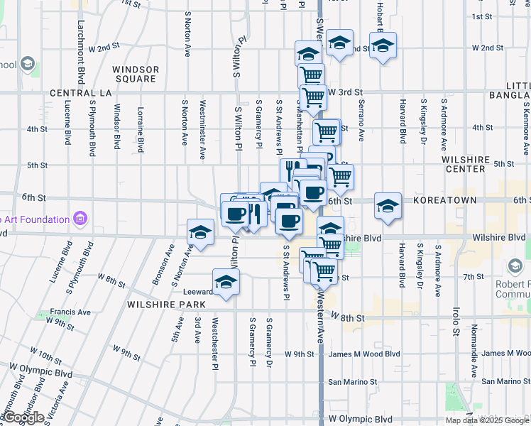 map of restaurants, bars, coffee shops, grocery stores, and more near 620 South Gramercy Place in Los Angeles