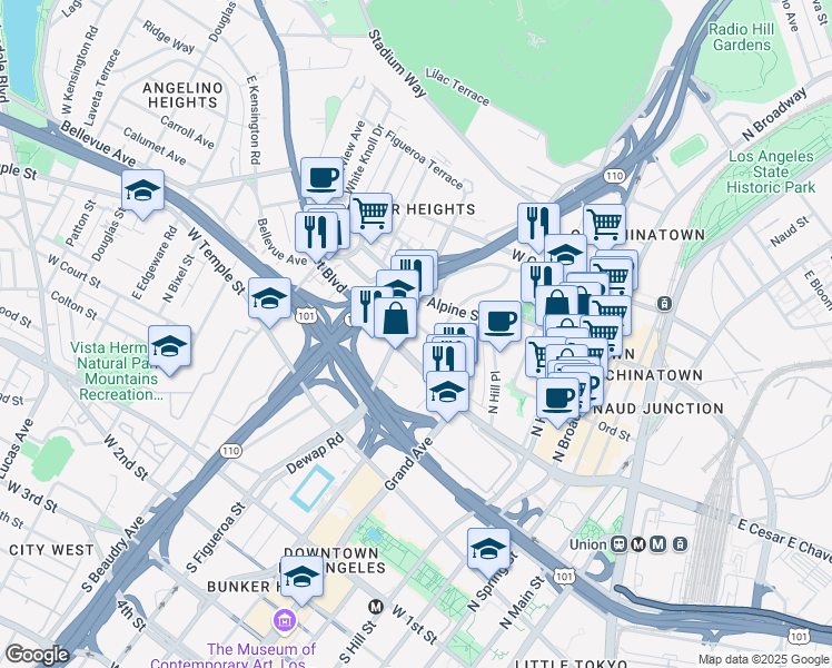 map of restaurants, bars, coffee shops, grocery stores, and more near 830 Bartlett Street in Los Angeles