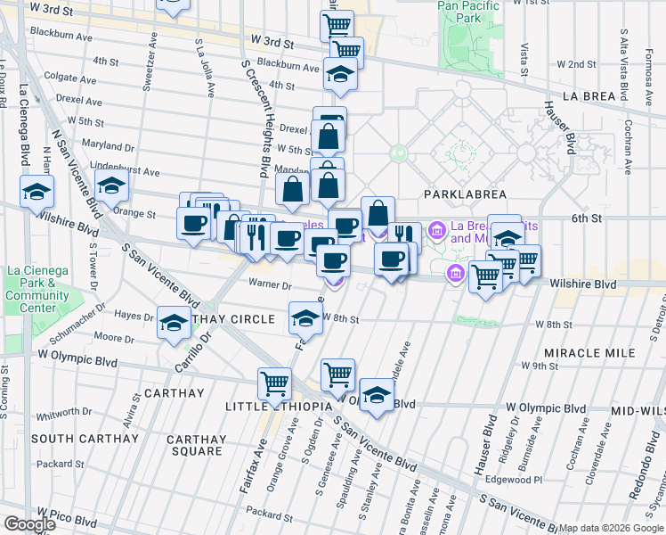 map of restaurants, bars, coffee shops, grocery stores, and more near Wilshire Boulevard in Los Angeles