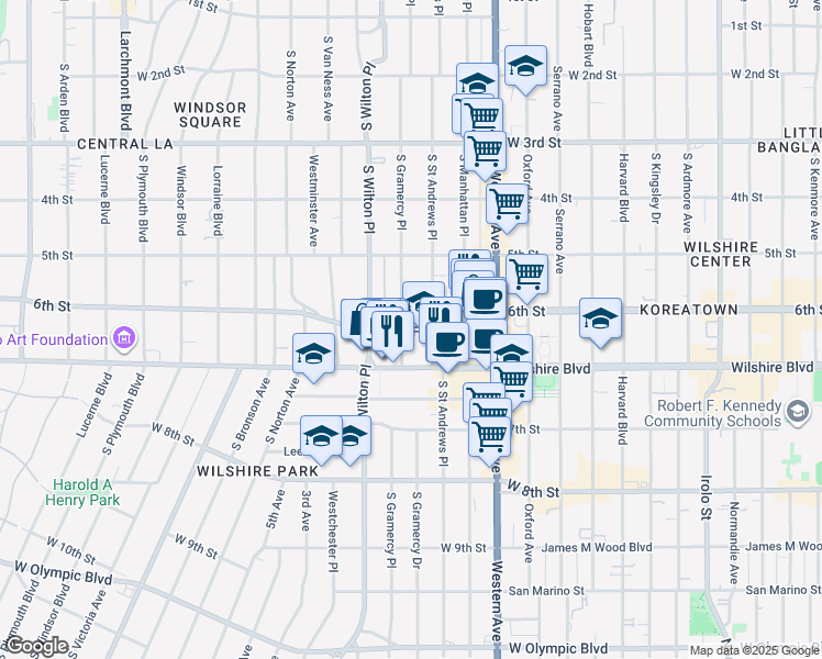 map of restaurants, bars, coffee shops, grocery stores, and more near 620 South Gramercy Place in Los Angeles