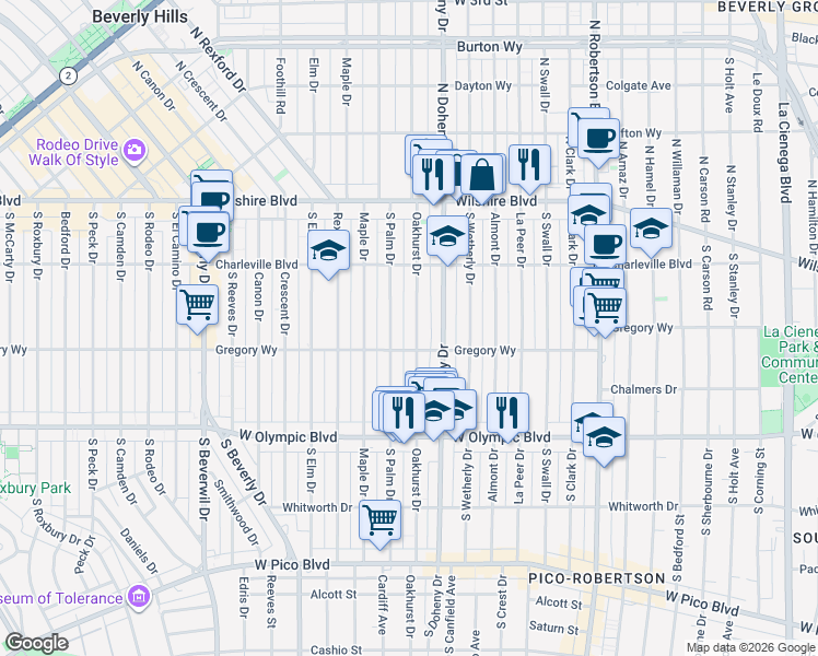 map of restaurants, bars, coffee shops, grocery stores, and more near 240 South Oakhurst Drive in Beverly Hills