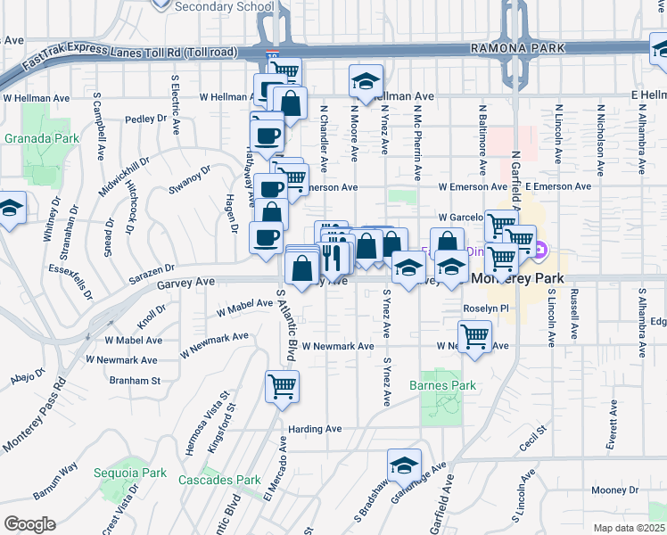 map of restaurants, bars, coffee shops, grocery stores, and more near 127 North Moore Avenue in Monterey Park