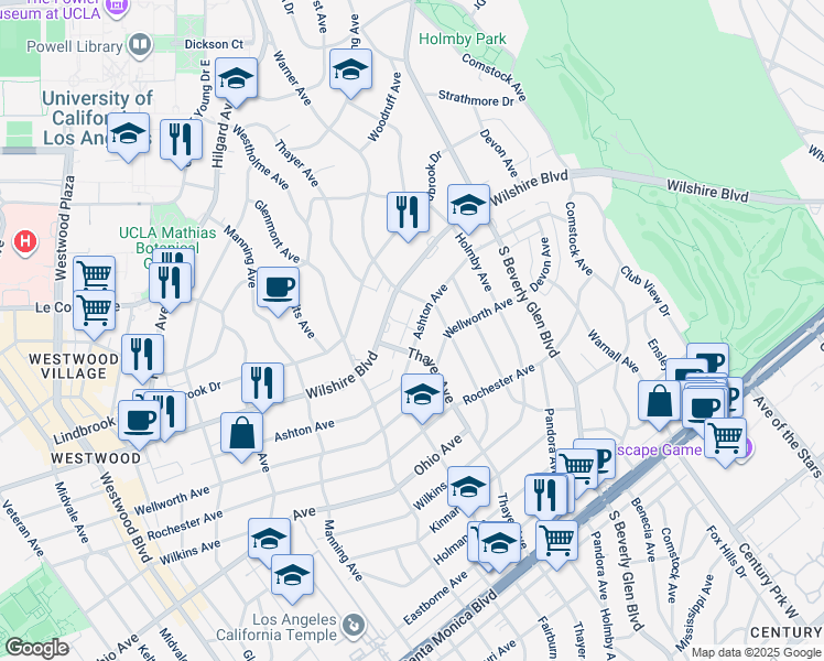 map of restaurants, bars, coffee shops, grocery stores, and more near 10529 Ashton Avenue in Los Angeles