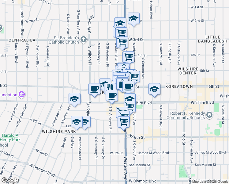map of restaurants, bars, coffee shops, grocery stores, and more near 615 South Manhattan Place in Los Angeles