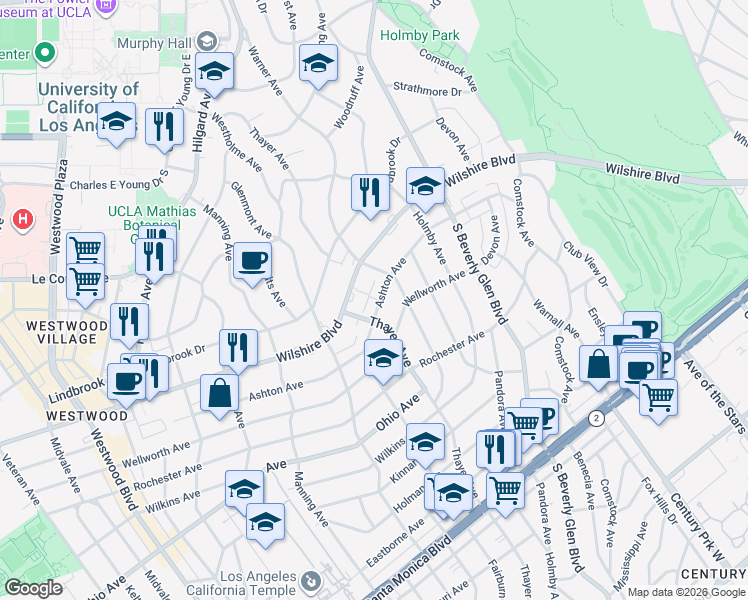 map of restaurants, bars, coffee shops, grocery stores, and more near 10527 Ashton Avenue in Los Angeles